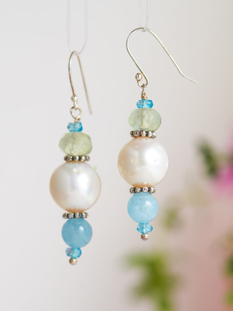 prehnite & pearl & quartz earrings