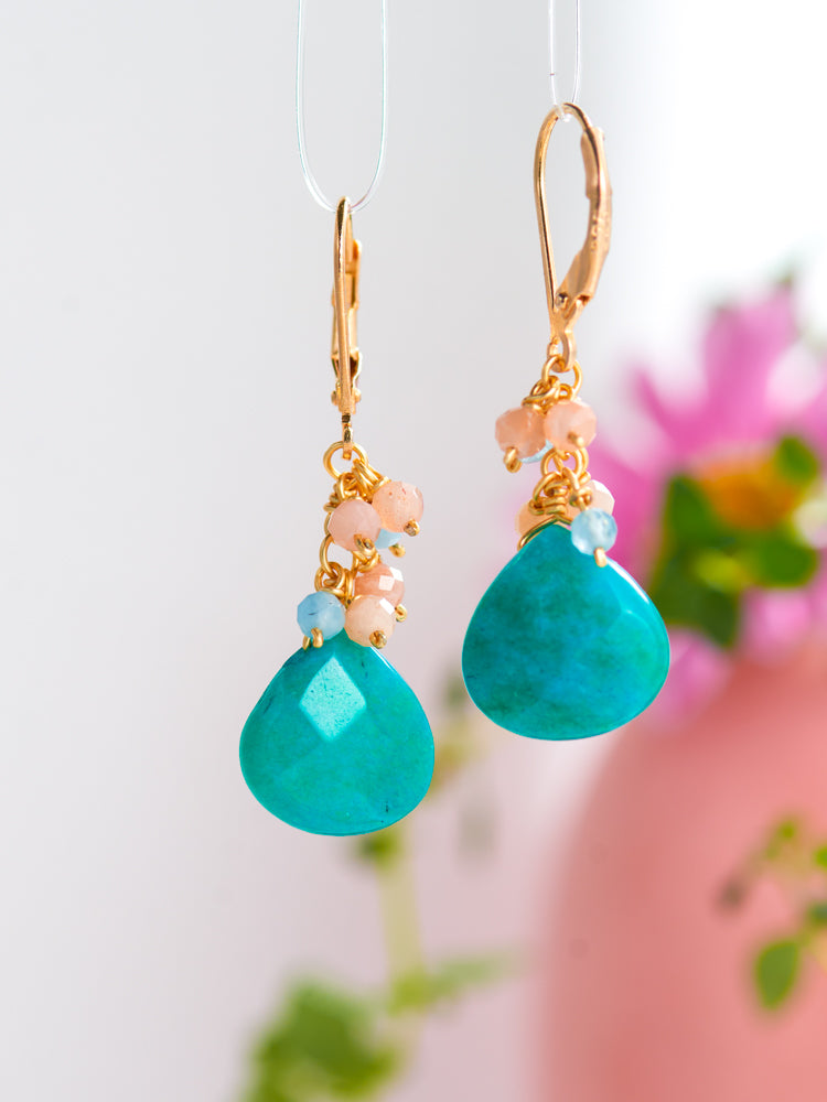 quartz & aquamarine & Orange moonstone earrings