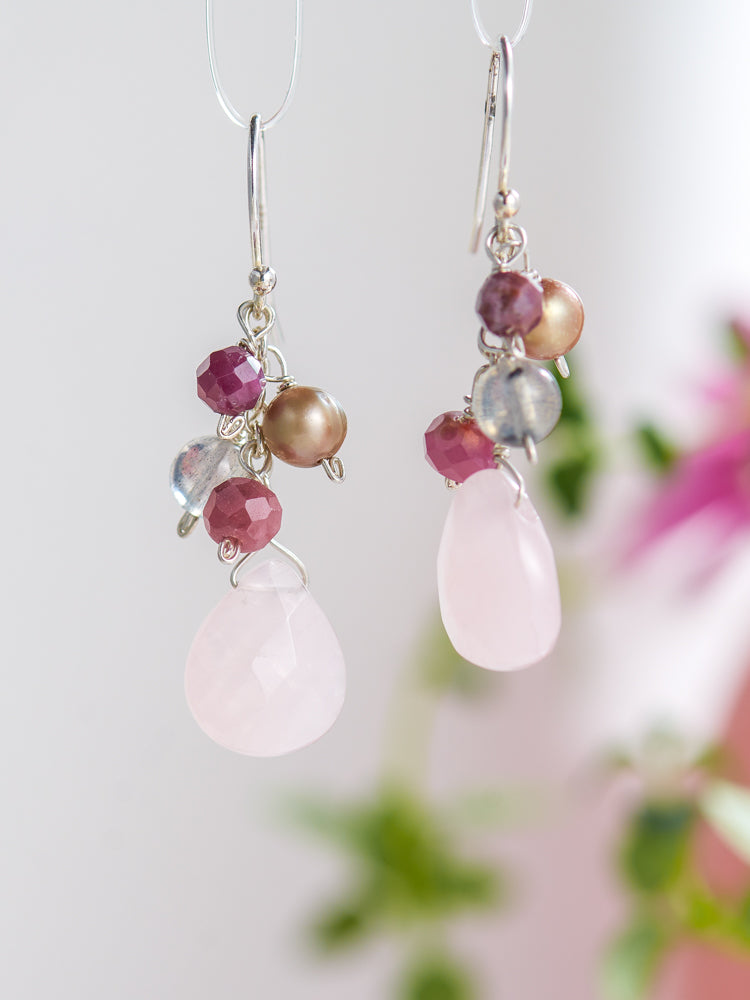 Rose quartz& Ruby & pearl & labradorite earrings