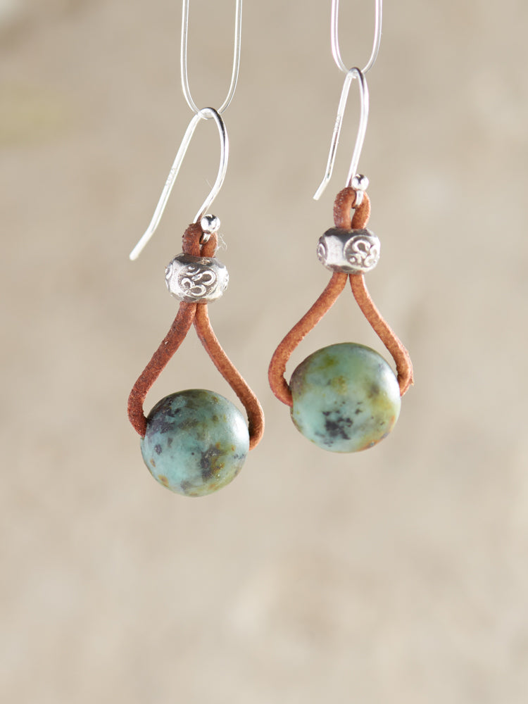 leather& African turquoise earrings
